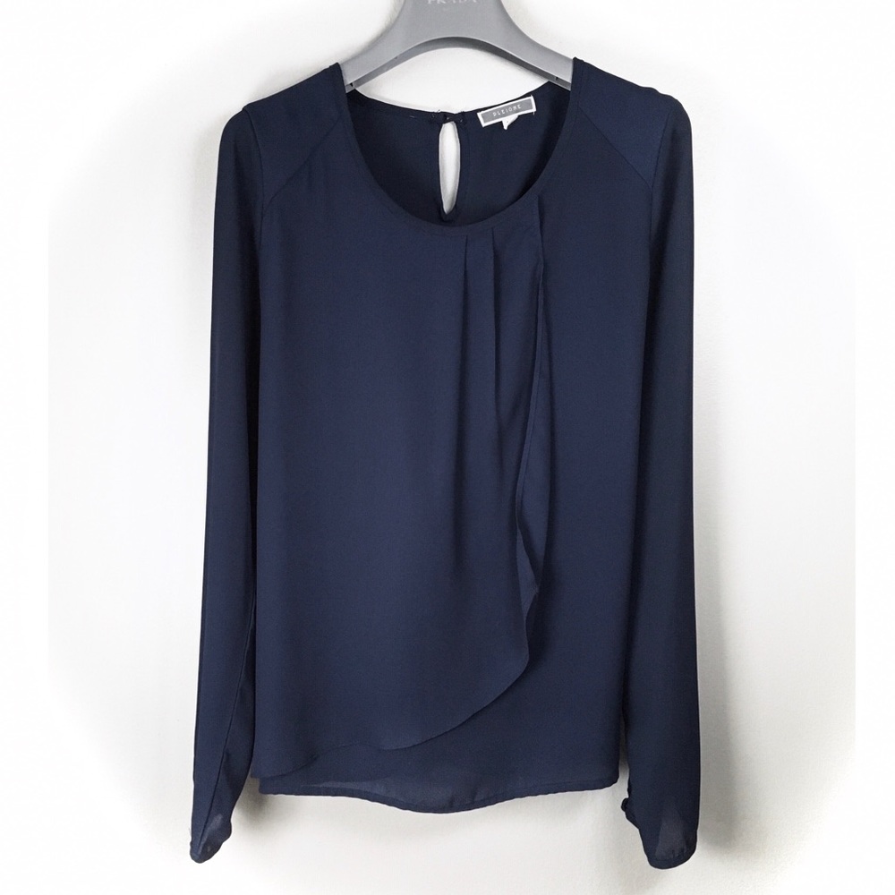 Pleione Navy Flutter Overlay Long Sleeve Blouse